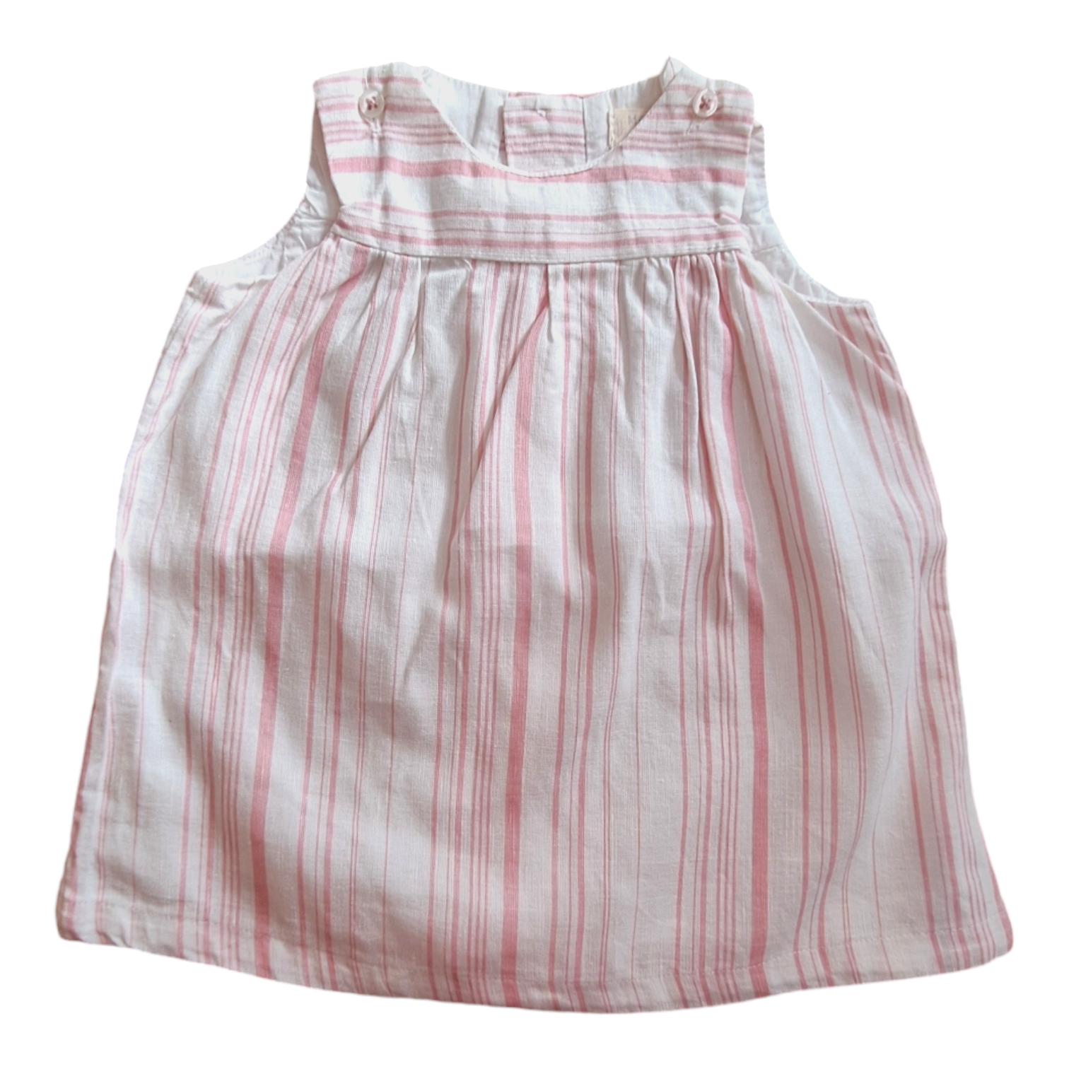 Mango striped dress, size 62CM. The dress is white with pink stripes, sleeveless, and has buttons on the shoulders. It has an interior lining