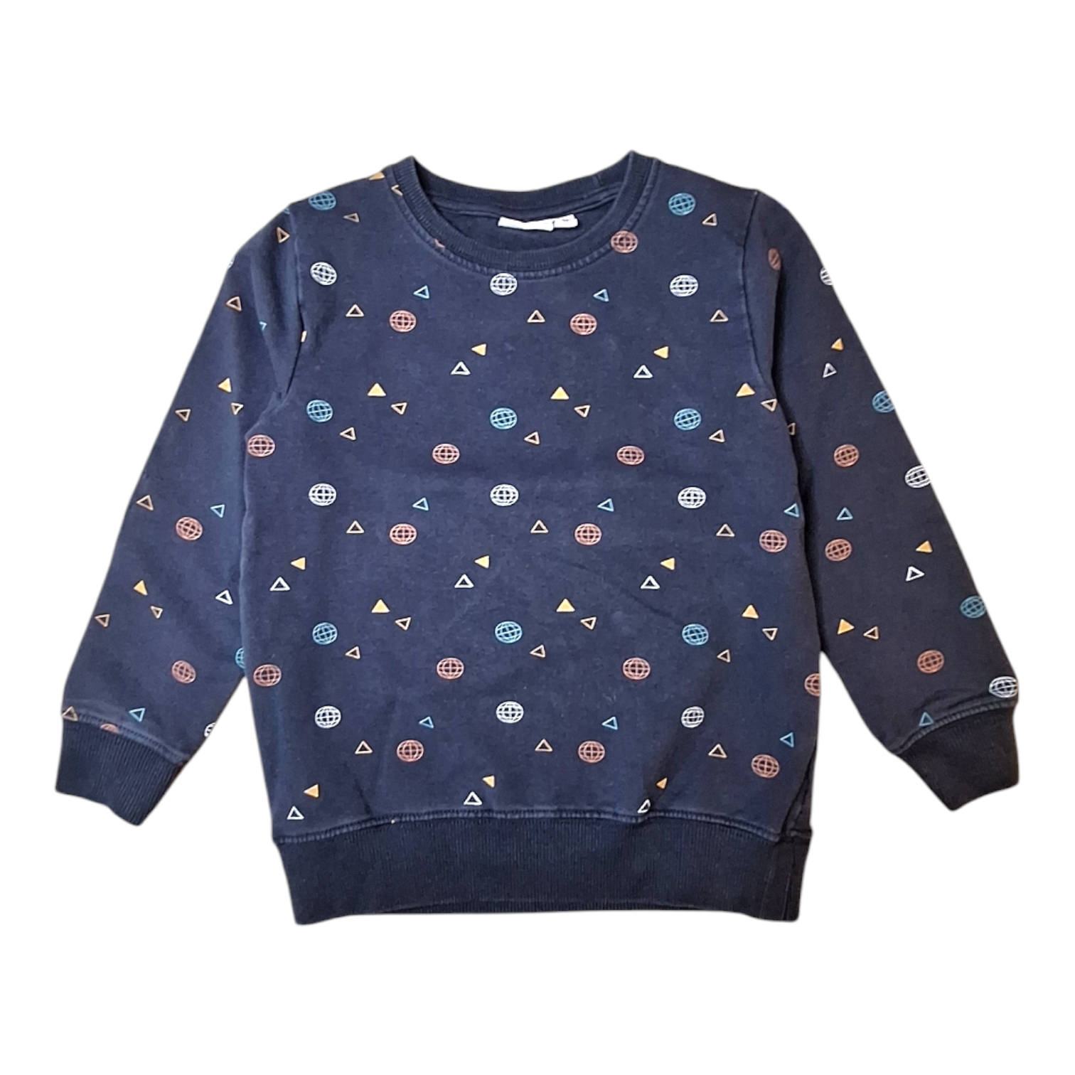 Name It sweater, size 4Y. The sweater is dark blue with a geometric and globe print in various colors, ribbed hems, and long sleeves.