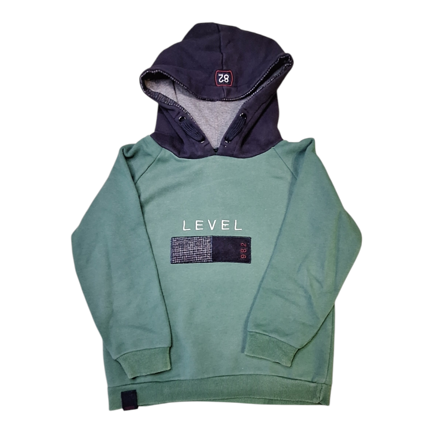 Overkids Hoodie LEVEL, size 5Y. The hoodie is green with a dark blue hood and features the word "LEVEL" on the front. The inside is fleeced