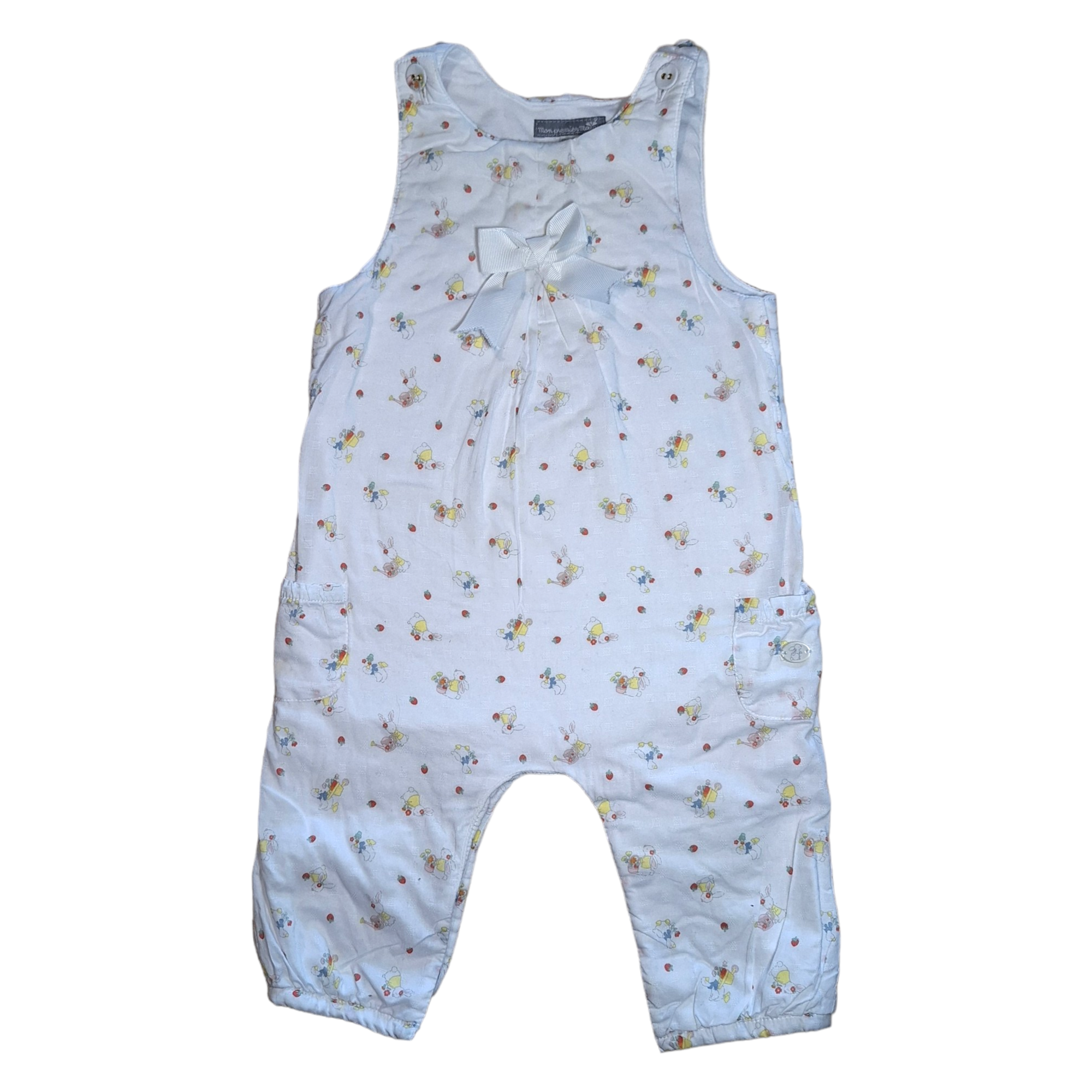 Gevoerde overall met konijntjes en strik -12M