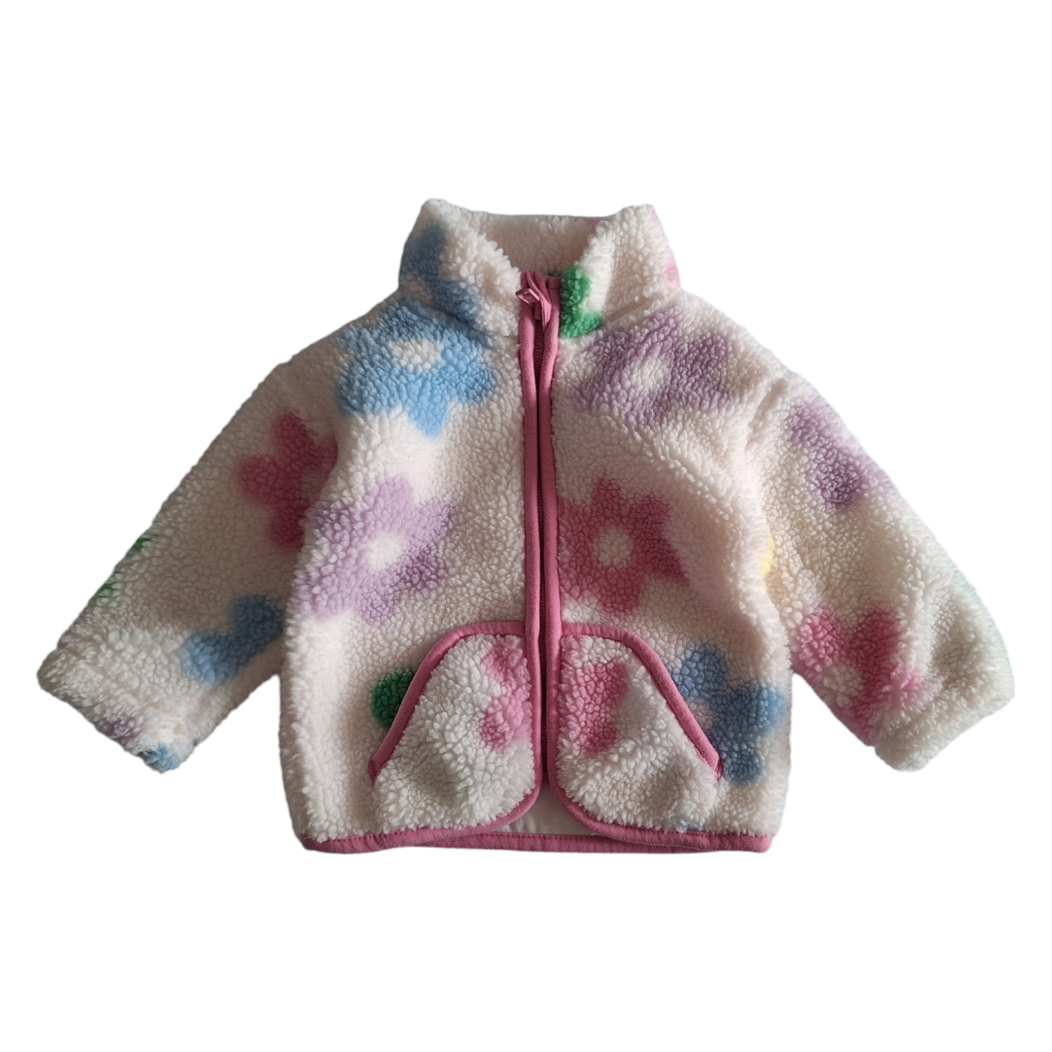 Furry Teddy zipped coat flowers 3/6M