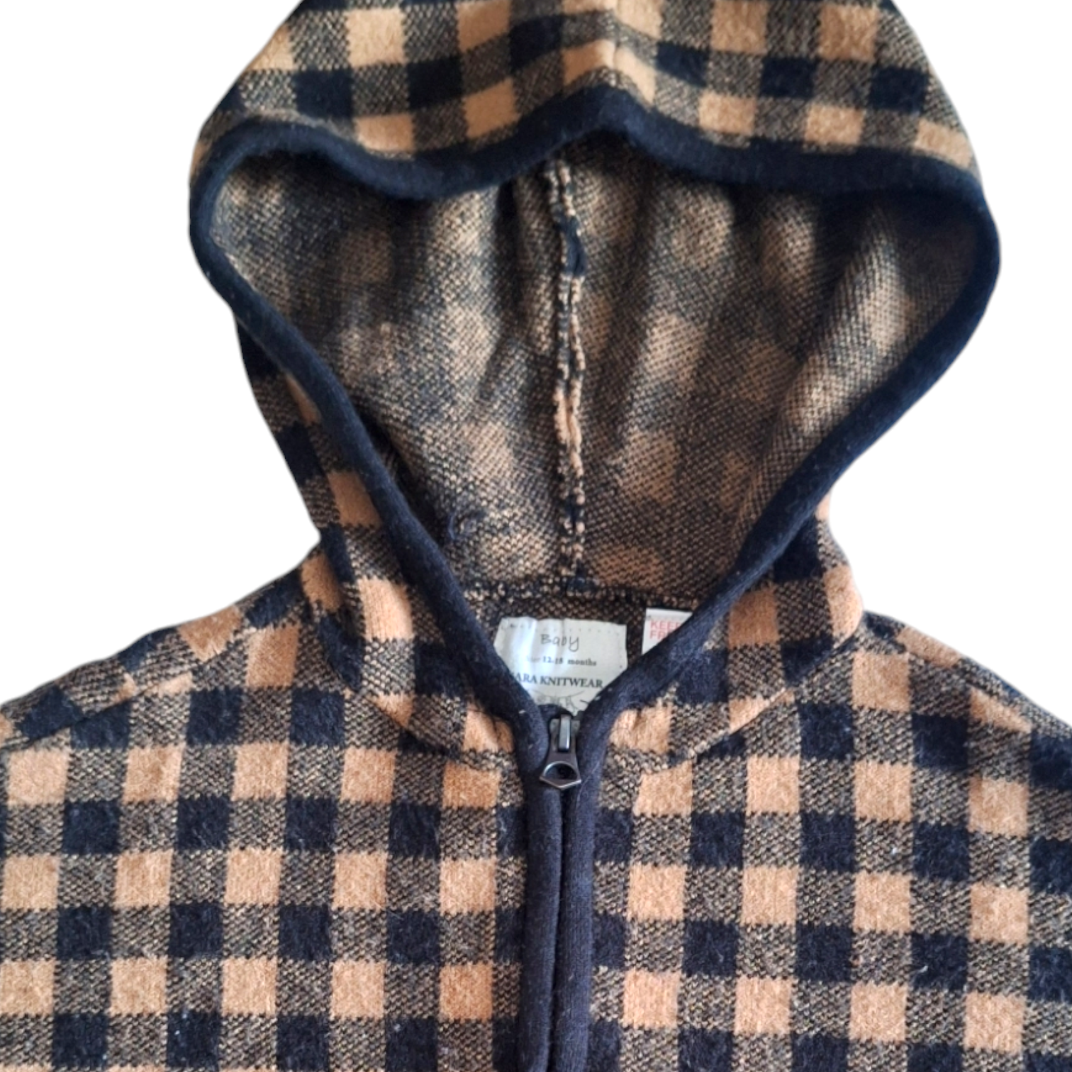 Geruite gebreide cape met capuchon - 12/18M