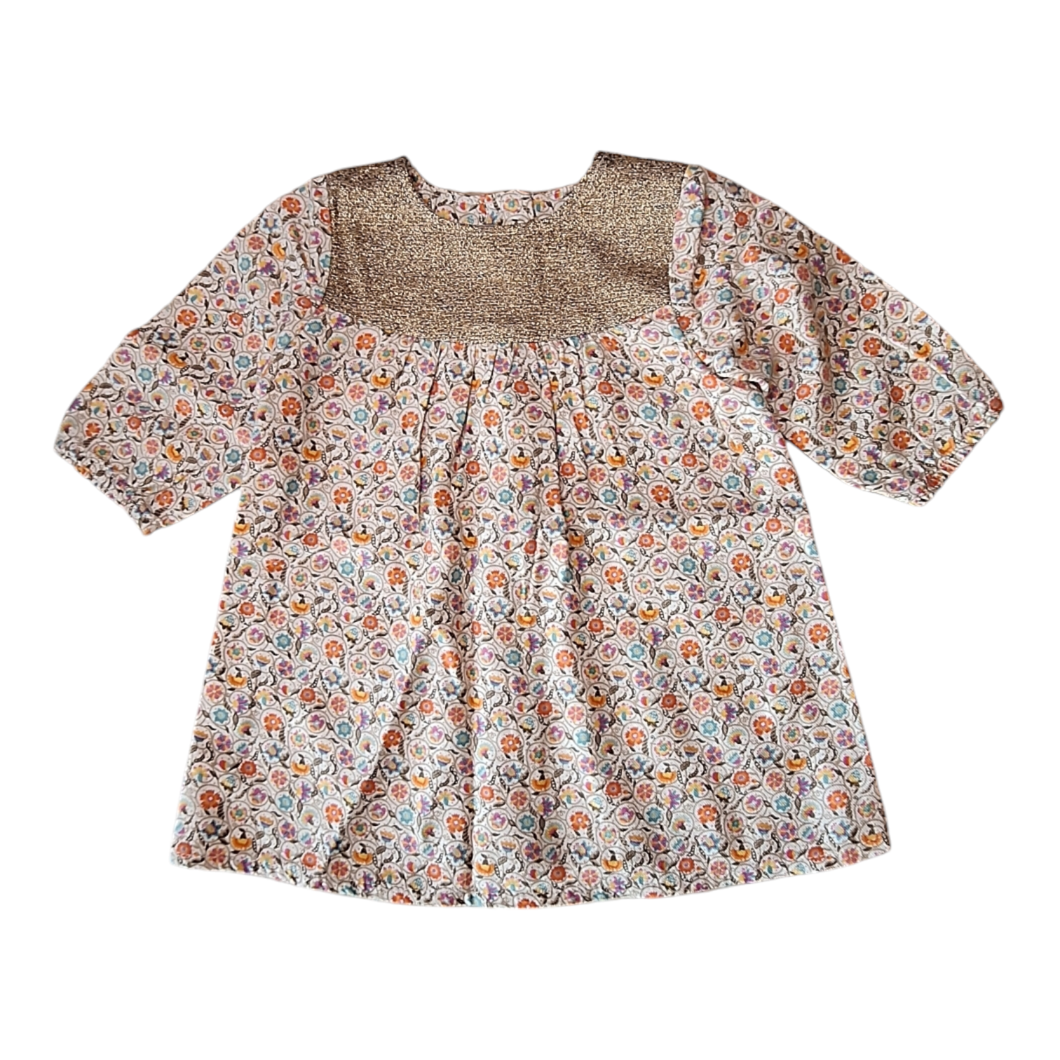Jurk bloemen met gouden halslijn - 3M
