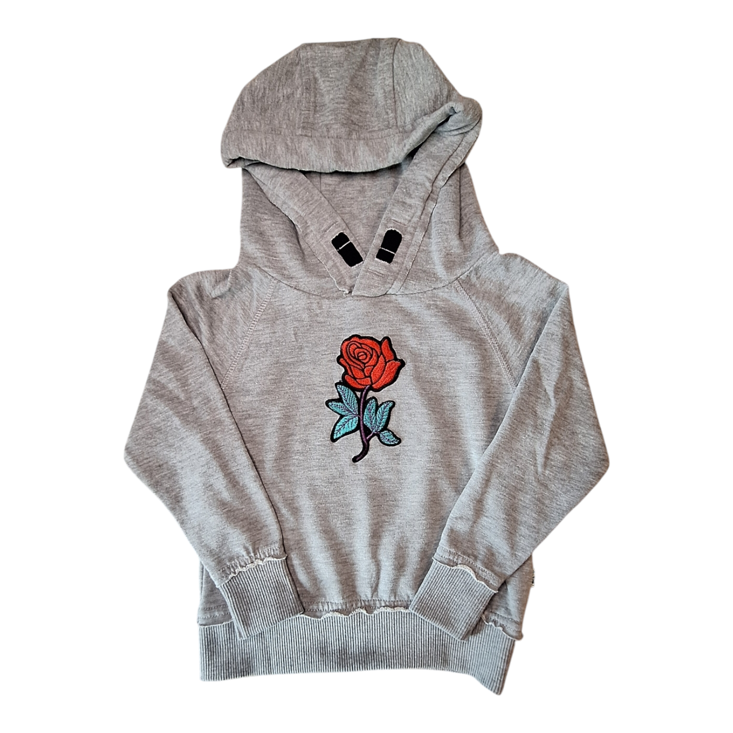 Vingino hooded sweater, size 4Y. The sweater is grey with a red stitched rose on the front, a hood, and ribbed hems.