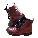 A pair of patent leather glitter ankle boots, size 24. The boots are burgundy with a glitter finish, have black laces, a side zipper, and a black rubber sole. The interior is a light-colored fleece.