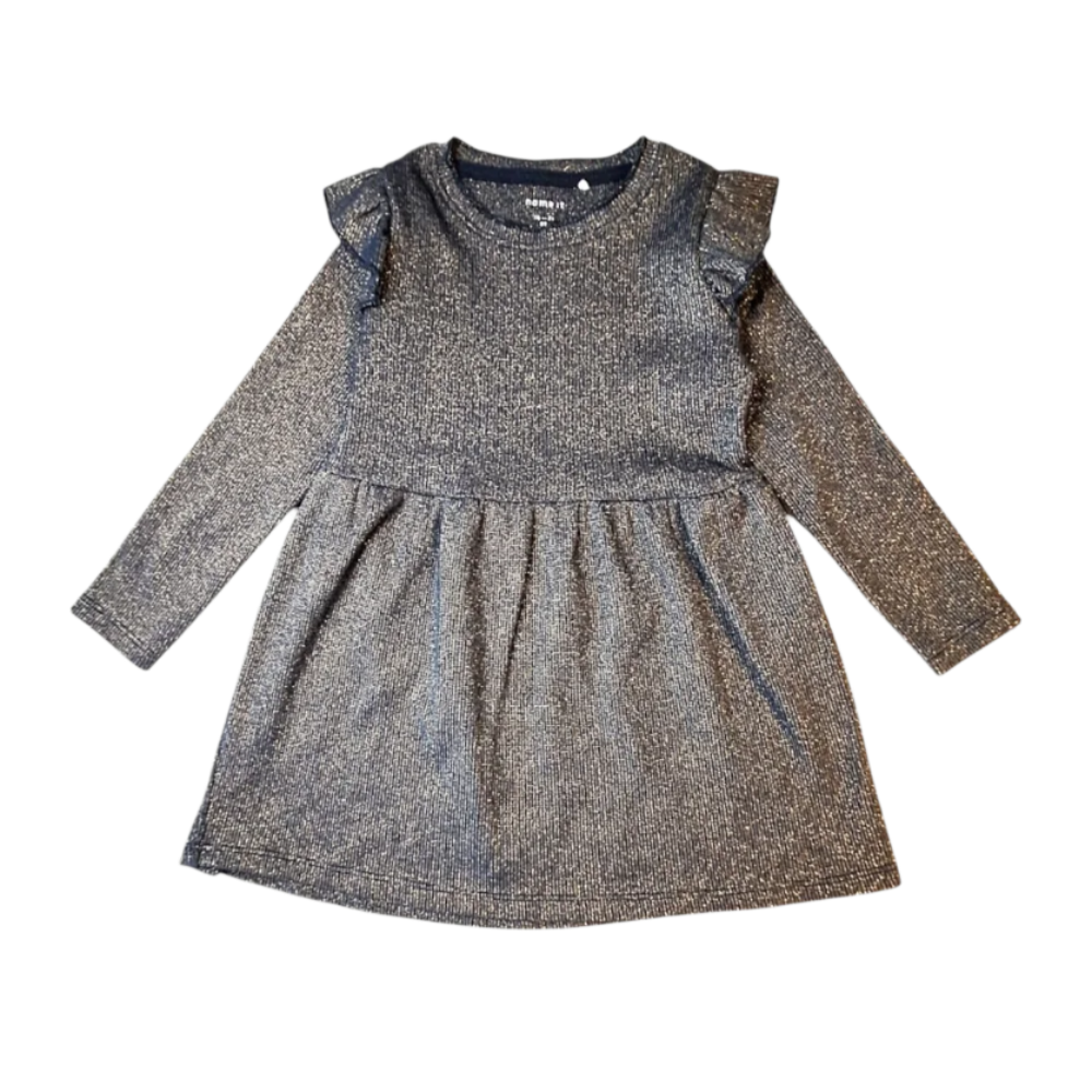 Name It glitter blue dress, size 18/24M. The dress is blue with a glittery lurex effect, has long sleeves, ruffle details on the shoulders, and a ribbed fabric
