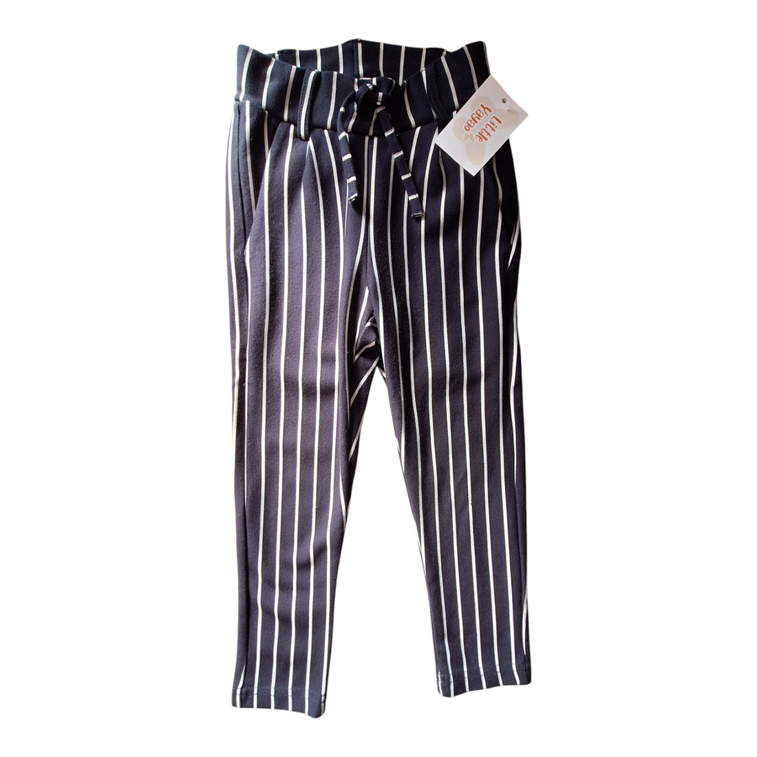  Name It striped pants, size 104cm (3/4 years). The pants are white with blue stripes, have an elastic waistband with strings, slit pockets on the sides, and fake pockets on the back.