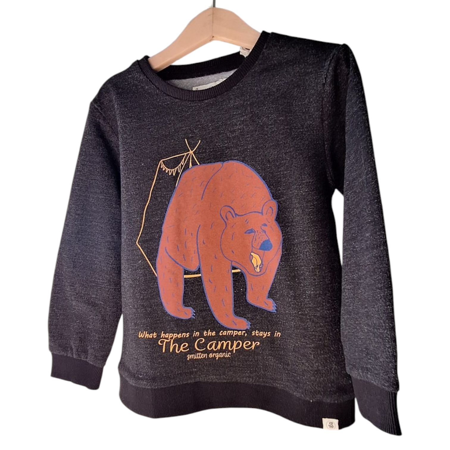 Smitten Organic fleeced sweater, size 110-116cm. The sweater is black melange with a brown bear design on the front, ribbed hems and cuffs, and long sleeves. The text &quot;The Camper&quot; is visible below the bear design.