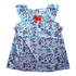 Tutto Piccolo light dress, size 74CM. The dress has a light blue background with a floral print in multiple colors and a red bow at the neckline. It has short, ruffled sleeves and a buttoned-up back.