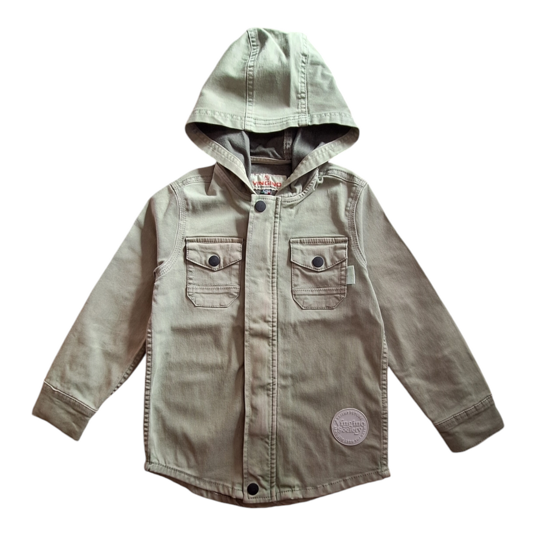 Vingino Society hooded parka, size 110CM. The parka is olive green with a hood, snap buttons closure, and pockets